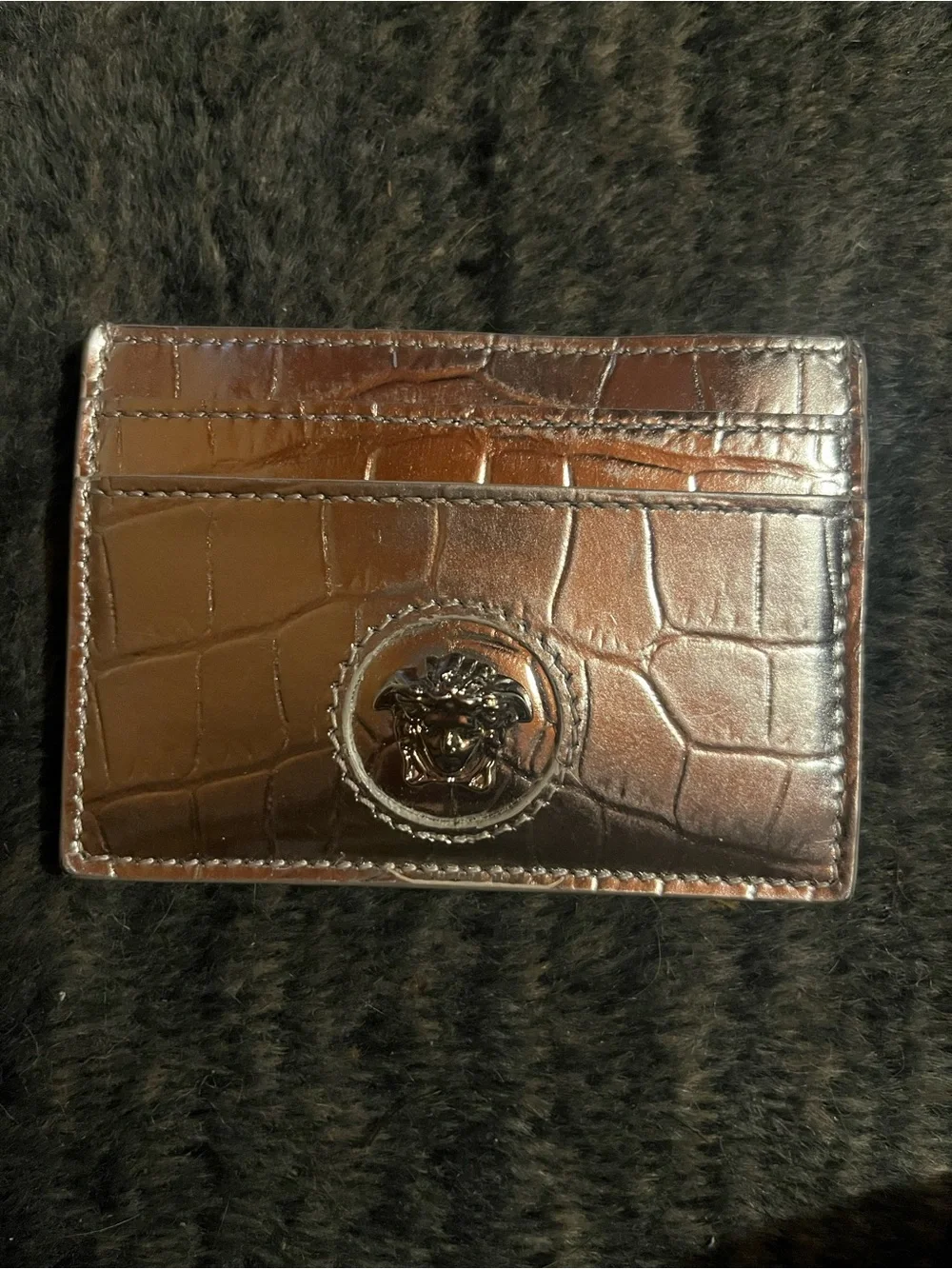 Versace Brown Croc-Embossed Leather Card Holder with Medusa Medallion